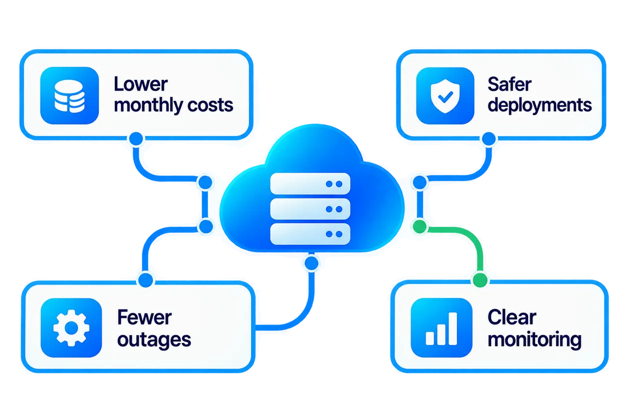 Four outcomes wired to one cloud: lower monthly costs, safer deployments, fewer outages and clear monitoring.