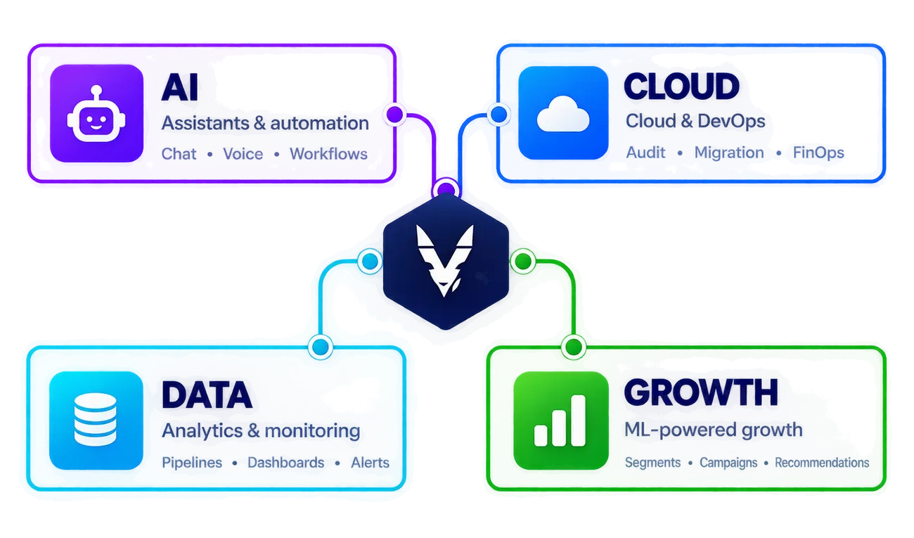 The four services wired to the Vilkshift mark: AI assistants and automation, cloud and DevOps, analytics and monitoring, and ML-powered growth.
